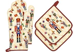 ‎ARQUIEL Arquiel Weihnachten Ofenhandschuh und Topflappen 4er Set, 100% Baumwolle Kochhandschuhe Weihnachtsnussknacker, Hitzebeständiger Küchenhandschuh Zum Kochen Backen Grillen Geschenk