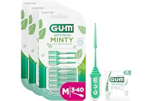 GUM SOFT-PICKS MINTY Palillos interdentales | refrescante sabor a menta | para limpiar los dientes y eliminar la placa | Tamaño M | Multipack de 3x40 (con 1 muestra extra)