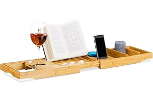Relaxdays Extending Bathtub Caddy, Bamboo Bathroom Rack with Bookstand with Glass Holder, Natural