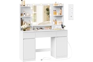 VASAGLE KAILYN Collection - Dressing Table with LED Mirror, Vanity Desk with Power Outlets, 2 Cabinets, 9 Dimmable Bulbs, 3 Light Colours, Toolless Slide Rail Assembly, Cloud White RDT142WB03