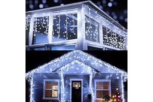 Christmas Icicle Lights Outdoor, BrizLabs 360 LED 45.3ft Window Curtain Lights Cool White String Tree Lights Mains Powered Waterproof 8 Modes for Home Party Wedding Garden Holiday Decorations