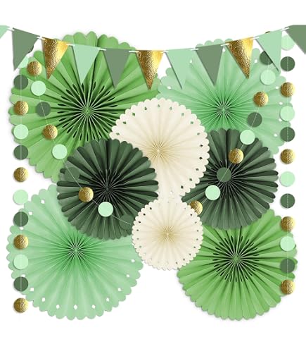 Guirlande Cercles Vert Et Doré - 39 Pieds (12 M) - Papier Cartonné Brillant Double Face - Pour Mariage, Anniversaire, Déco Festive