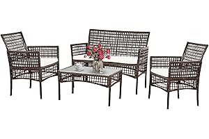AFURNI 4 piece Rattan Furniture Set Outdoor Patio Wicker Sofa Garden Conversation Sets for Yard,Pool or Backyard,Brown Plaid