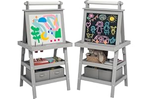 AIYAPLAY Tableau chevalet enfant 3 en 1 tableau double face enfant avec panneau blanc et noir magnétique - rouleau papier + 2 paniers rangement intégrés - 3-6 ans en bois gris