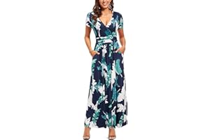 OUGES Sommerkleid Damen Kurzarm/Langarm V-Ausschnitt Kleid Casual Kleider Maxikleid mit Taschen
