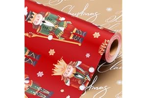 Wikadlik Christmas Wrapping Paper Roll - Nutcracker, Drum, Snowflake and Candy Cane Design Red Gift Wrap - 43cm x 10m
