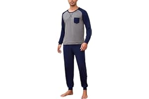 Aseniza Pyjama Homme Hiver Ensembles de Pyjama Coton Manches Longues Vêtements de Nuit Homme Doux Loungewear Contrastées avec Insertions Raglan