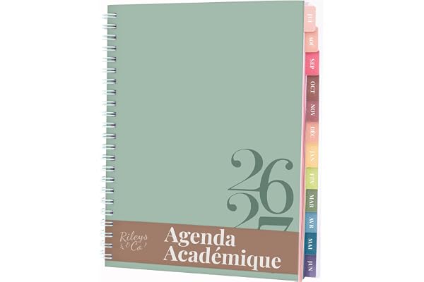 Rileys Agenda 2026 2027, Agenda Scolaire & Professionnel, Planificateur Journalier, Hebdo & Mensuel, Carnet, Reliure Double Spirale, Juil 2026–Juin 2027 (20 x 15 cm, Vert, Classique, en français)