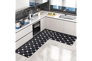 BWBIKE Küchenteppich-Sets, 2-teilig, rutschfeste Küchenmatten, waschbare Fußmatten für Küche, Esszimmer, Boden, Zuhause, Büro, Spüle, Wäsche, 40 x 60 cm + 40 x 120 cm, Schwarz Weiß Gitter