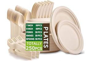 Jeopace Biologisch Abbaubares Einweggeschirr, Kompostierbare Robuste Einwegteller, Pappteller Set,18cm/23cm Teller Gabel Messer Löffel für 50 Personen (250 Stück,Weiß)