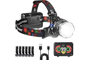 PEAKRO Lampe frontale LED rechargeable, super lumineuse, 100 000 lm, avec 5 modes, capteur, batterie 9000 mAh, étanche IP65, zoomable et réglable à 90°, pour camping, randonnée, pêche