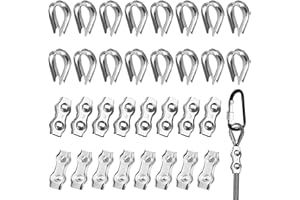 Asfrode 32 abrazaderas de cable de alambre M3, de acero inoxidable 304, 3 mm, abrazaderas para cuerda de acero, toldo de tendedero fijo (16 guardacabos, 16 clips dúplex), cuerda de acero, tendedero
