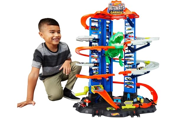 Hot Wheels Ultimate Garage City Vs Robo Beasts avec Piste De Course À Plusieurs Niveaux, Dinosaure T-Rex Mobile De 91 Cm, Comprend 2 Voitures, Jouet pour Enfant de 5 Ans et Plus, GJL14