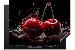 KitchenYeah© Protection Pour Plaque Induction 70x52 cm Deco Cuisine Protégé Cache De Cuisson Vitroceramique Cerises - Rouge - Fruit - Eau - Noir