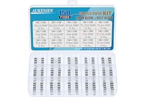AUKENIEN 150 Pezzi Fusibili Vetro 9 Valori Fusione Rapida F 0,1A 0,25A 0,5A 1A 1,5A 4A 5A 8A 10A 6 Valori Soffiato Lento T 1,25A 1,6A 2A 3,15A 5A 6,3A Ampere 250V 5x20mm Kit Assortimento di Fusibile