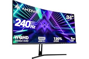 Amzfast 34-Inch Curved Ultrawide Gaming Monitor - UWQHD (3440x1440), 240Hz, 1ms MPRT, 1500R, Adaptive-Sync | Dual HDMI 2.1 & DisplayPort 1.4 | VESA | Flicker-Free | AMZG34C5Q Pro
