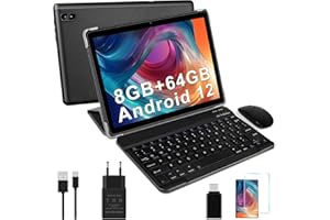 DMOAO Tablet 10 Pollici Android 12 con 5G WiFi, HD Tablet 2 in 1 con tastiera e mouse e custodia, 4 GB di RAM (espandibile fino a 8 GB) + 64 GB ROM (TF 1TB), 8 Core 2.0 GHz, Bluetooth, 6000 mAh, Nero