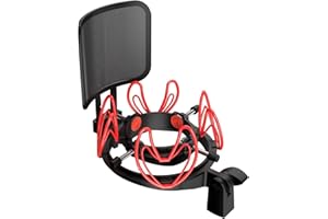 SUUNTOK Universal Microphone Shock Mount with Pop Filter for Condenser Microphones Size at 21-62mm Anti-Vibration Mic Holder Clip(Red)