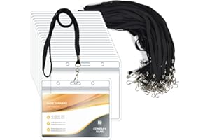 NEWSBIRDS 50 Pack Clear Plastic Horizontal Name Tags Badge ID Card Holders and 50 Pack Flat Neck Lanyards with Swivel Hook, Black