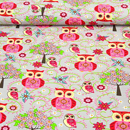 Jersey-Stoff „Indie Eule“ bunt / Kinder-Baumwoll-Jersey / Beste Öko-Tex Qualität / Meterware ab 50cm / UX-10-5 (01. Rot Pink Grün auf Grau) - 2