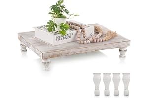 Hanobe Deko Tablett Holz Holztablett: Hölzerne Riser Bauernhaus Holz Sockel Display Stand Rustikal Weiß Getünchten Tablett mit Standfuß Centerpiece für Kaffee Bar Küche Esszimmer Tisch