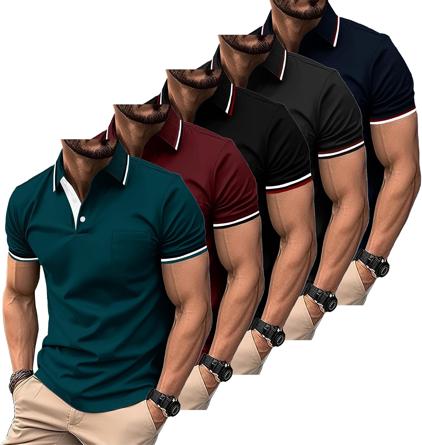 ZITY Polo para Hombre Paquete de 5 Polo Manga Corta Camiseta Golf Trabajo Transpirable Camiseta Informal con Bolsillo Verano 5 Pack T Shirt para Vacaciones