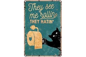 GOOMIX Décoration murale amusante en métal avec chat noir et inscription « They See Me » - Décoration murale vintage pour maison, salle de bain, café, garage, grotte - 20,3 x 30,5 cm