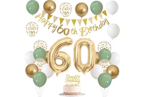 JOBKOO 60. Geburtstag Deko Salbeigrüne Deko 60 Geburtstag Frau Mann mit Banner 60 Geburtstag Girlande Zahl 60 Luftballons Geburtstag Tortendeko Grün Weiß Gold Party Ballons für 60.ter Geburtstag Dekoration