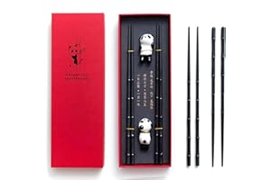 HauSun Lot de 2 paires de baguettes et repose-baguettes,Passent au lave-vaisselle,Réutilisables,En fibre de verre + Support de baguettes en porcelaine,Motif panda mignon,Style japonais chinois,Noir