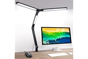 MEDIACOUS LED Desk Lamp with Clamp, Three Light Sources Clip on Lamp for Home Office, 20W Adjustable Arm Desk Light with Control Box and 1H Timer, Dimmable 4 Color Modes & 4 Brightness Eye-Caring Architect Lamp