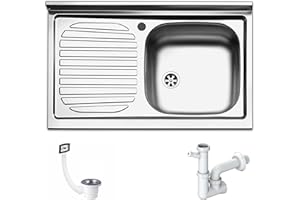 FHULLER Lavello da Appoggio Inox 80x50 cm Vasca Destra con Gocciolatoio Sinistra, Acciaio Inossidabile AISI 304 18/10, Monostampo, con Pilette, Sifone e Ganci di Fissaggio, Foro Rubinetto Preforato Ø 3,5 cm