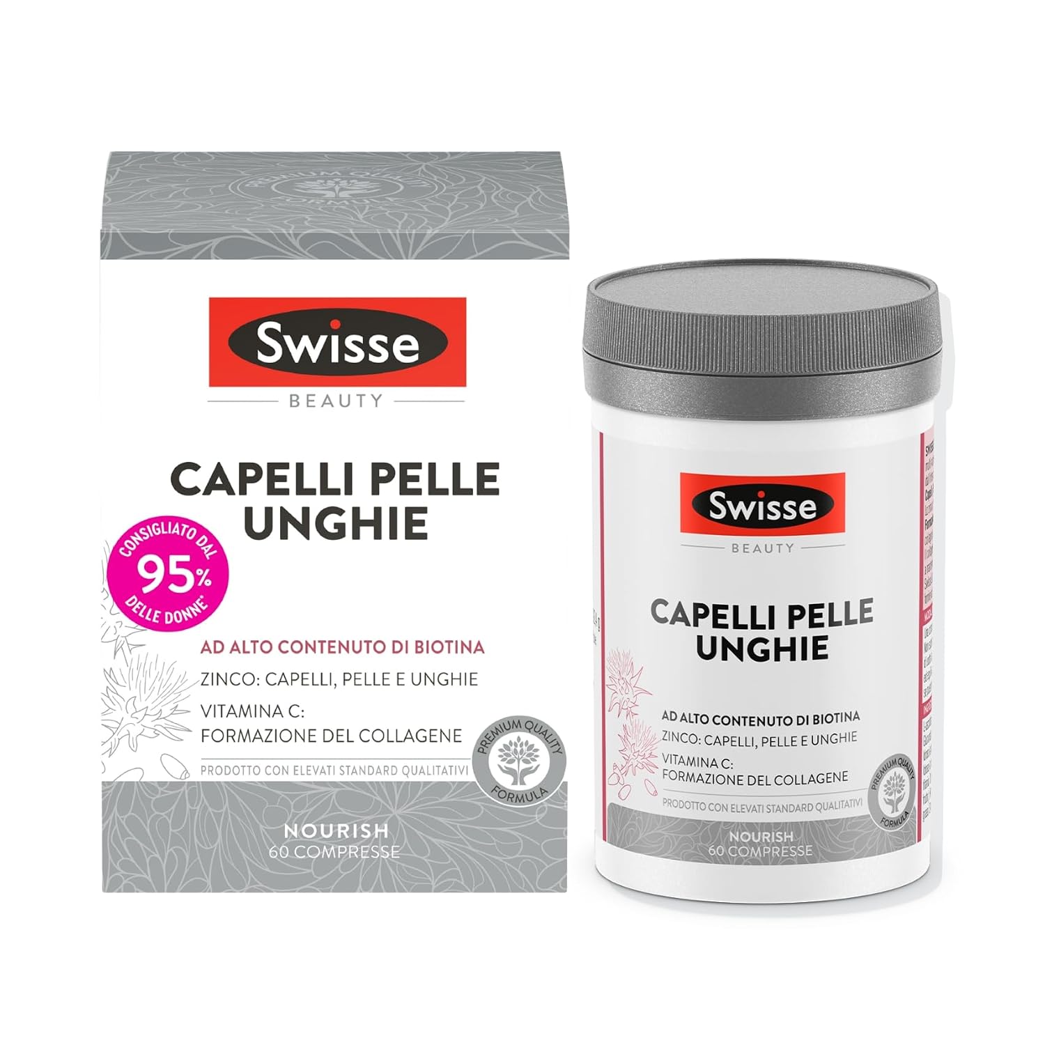 SWISSE Capelli Pelle Unghie - Integratori per Capelli, Pelle e Unghie con Vitamina C Biotina Cardo Mariano, 60 Compresse - Zinco Integratore Capelli, Formazione Collagene e Unghie Sane - Made in Italy