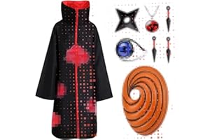 ATOWORLD Akatsuki Mantel Kinder Erwachsene für Halloween Obito Kostüm mit Maske Stirnband Ring Cosplay Anime Itachi Kostüm Akatsuki Kostüm Umhang Cosplay Obito Uchiha Itachi Kinder Herren Männer