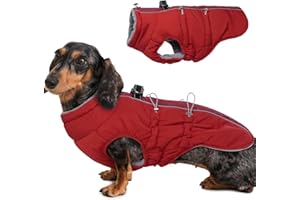 Katzinst Hunde Wintermantel Wasserbeständig, Verstellbarer Halsausschnitt, Hundemantel mit Geschirr und Durch Verstellbare Gummizüge, Hundebekleidung für Mittlere Hunde, Beagle, Rot, M