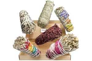 Majillux Kit Sahumerio de Limpieza Energética: 6 Elementos Únicos - Salvia Azul, Salvia Blanca de 7 Chakras, Good Vibes, Espíritu de Amor, Sangre de Dragón y Hierba Santa (Kit Buena Energía)
