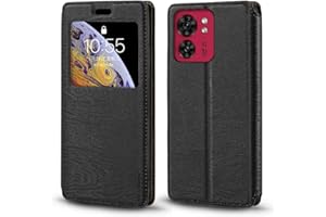 SHANTIME for Motorola Edge 40 5G Case, Wood Grain Leather Case with Card Holder and Window, Magnetic Flip Cover for Motorola Edge 40 Pantone 5G (6.55”) Black
