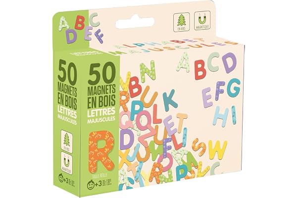 Jeujura - Magnets Bois 50 Lettes Majuscules - pour accompagner Les Tableaux - Aimantées en Bois - Familiariser avec l'écriture - Coffret Carton 17x15x4cm - A partir de 3 Ans - 8966