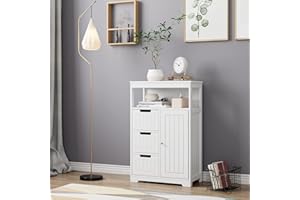 HOCSOK Mueble Baño, Mueble Auxiliar de Almacenaje con 3 Cajones y 1 Puerta, Estante de Cocina para Entrada, Salón y Cocina, Madera, Blanco, 56x29x86.5cm