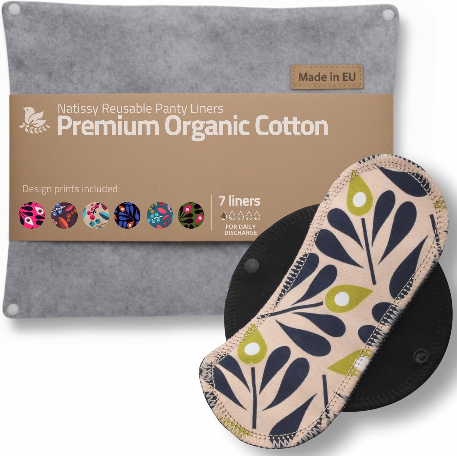 Salvaslip reutilizables en algodón orgánico para flujo blanco (S, 7 uds.); HECHOS EN LA UE, lavables a alta T°, 100% transpirables y suaves, salvaslip tela cómoda, protección femenina diaria (sin PUL)