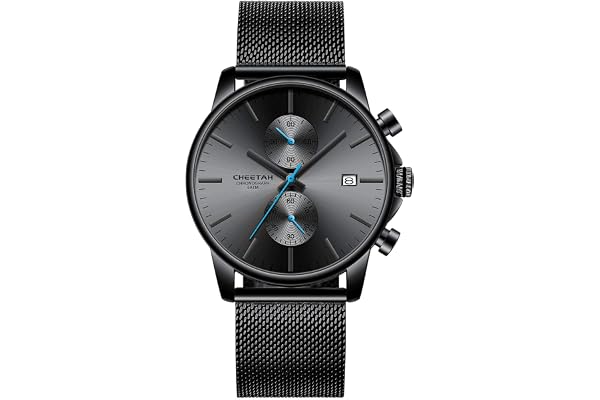 Montres pour Homme Mode Sport Quartz Analogique Noir Maille Acier Inoxydable Étanche Chronographe Montre-Bracelet Auto Date en Aiguilles Rouge/Bleu/Or…