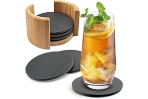 Sidorenko Posavasos redondo de pizarra para vasos Ø 10 cm - set de 6 incl. caja - Posavasos de diseño en gris oscuro para bebidas, copas, bar, vaso - Posavasos de mesa premium de pizarra