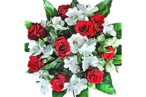 Blumenstrauß mit roten Rosen, weißen Alstromerien und Pistazienzweigen - Inklusive Grußkarte