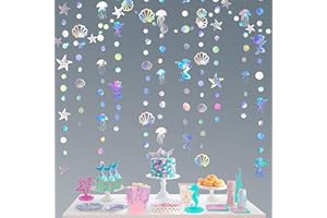 PINKBLUME 52 Ft Iridescent Mermaid Garland with Jellyfish Seashell Starfish Pearl Holographic Paper Streamer for Little Mermaid Rainbow Theme Birthday Bachelorette Baby Shower Under The Sea Party Decorations