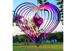 Moulin à vent pour cour et jardin, sculpture à vent d'extérieur en métal à suspendre, décoration 3D pour jardin, cour, balcon (cœur coloré)