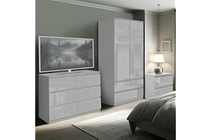 Blisswood 3 Piece Bedroom Set, High Gloss 2 Door 2 Drawers Wardrobe, 6 Storage Drawer Chest Of Drawers, 2 Drawer Bedside Table Bedroom Furniture Storage Sets, Grey
