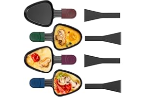 Yoassi 4pcs Mini Padelle per Raclette,Mini Piastra Raclette Antiaderente con 4 Spatole di Nylon,Misura Universale 4 Colori Manici Antiscottatura,Padelle Triangolare da Raclette per Fuso Uovo Fritto