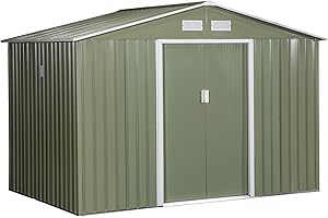 Outsunny Gerätehaus 4,9 m², Gartenhaus mit Pultdach, Schiebetür, Fundament, 277 x 195 x 192 cm, Geräteschuppen aus Verzinkter Stahl, wetterfest, für Garten, Hellgrün