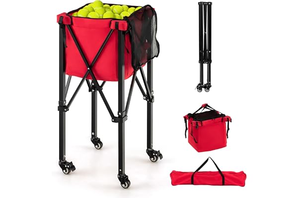 COSTWAY tennisbollvagn vikbar, lätt tennisbollkorg med hjul, sidoficka och bärväska, bärbar bollvagn av aluminium för 150 tennisbollar kan belastas upp till 30 kg