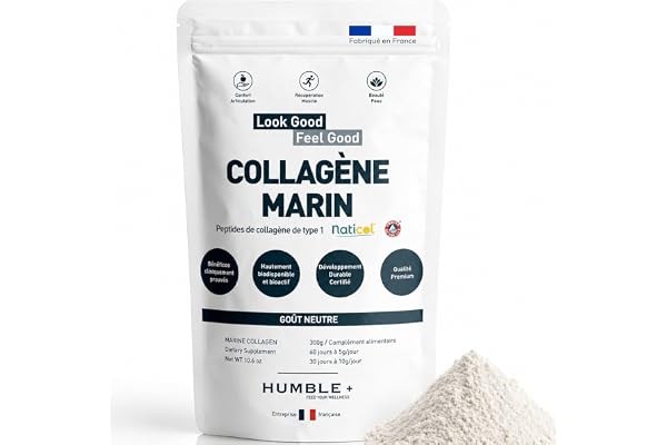 Collagène Marin Naticol® en poudre - Sachet de 300g - Goût Neutre - Confort articulaire, Récupération musculaire et Beauté de la Peau - 60 doses à 5g/jour - Humble+ - Fabriqué en France