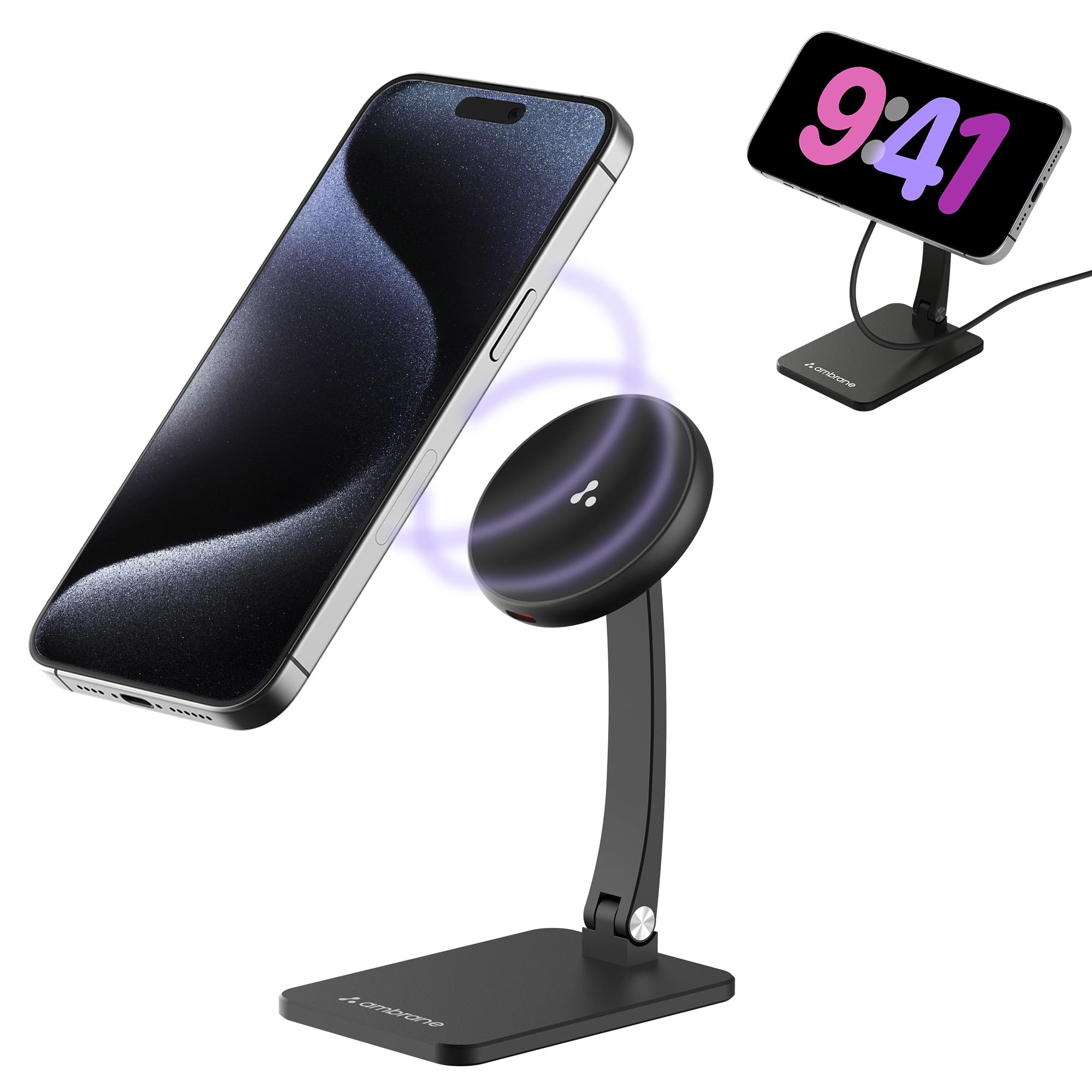 Ambrane Qi2 & Magsafe 15W Wireless Charger with Latest Qi2 for iPhone 16/16 Plus/16 Pro/16 Max, iPhone 15/15 Plus/15 Pro/15 Pro Max & Other Devices, Foldable + Free Magnetic Ring (AerosynQ S1, Black)